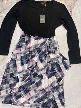DKNY Long Sleeve Mixed Media Dress Black Top Abstract Navy Gray & Pink Print